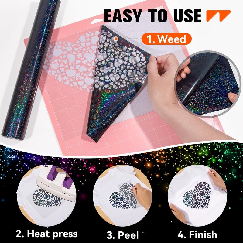 WRAPXPERT Holographic Black HTV Iron on Vinyl Shimmer Heat Transfer Vinyl for T-Shirts, 12''x5ft Holographic Glitter Vinyl Rolls for DIY Clothing Pattern,Stretchable & Washable - Image 2